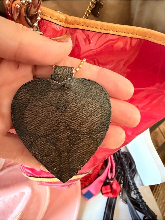 Hand Crafted Accessories - Hand Crafted pink patent tote with brown trim and black heart charm